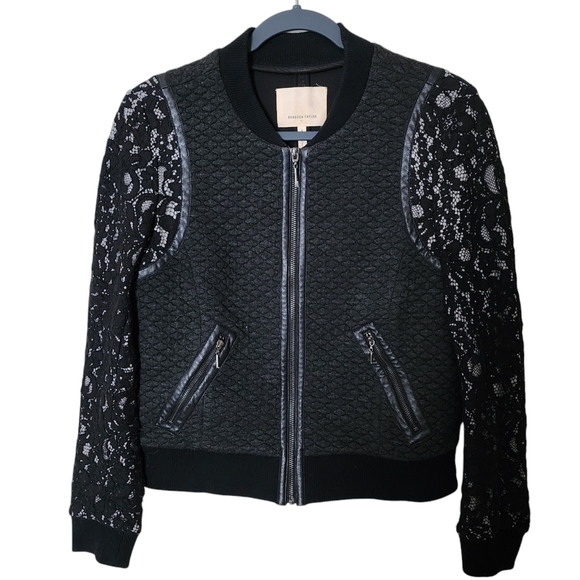Rebecca Taylor Size 8 Black Quilted Lace Sleeve Bomber Jacket - Picture 1 of 7